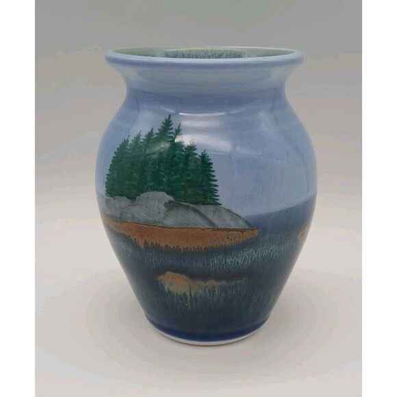 SRP Studio Pottery Vase Signed Blue Island Rocks Pine Trees - Picture 3 of 7